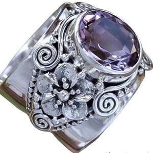Unisex Size 9 Amethyst Silver Ring